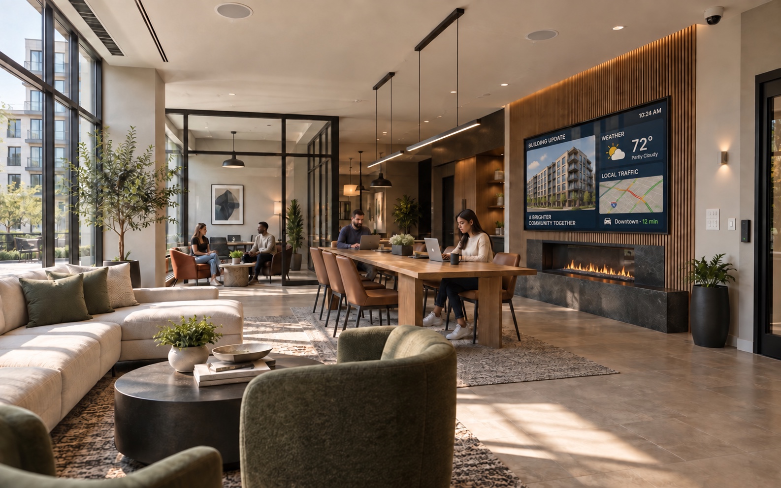 Residents in a connected amenity lounge with an active digital information screen showing the building, weather and local traffic