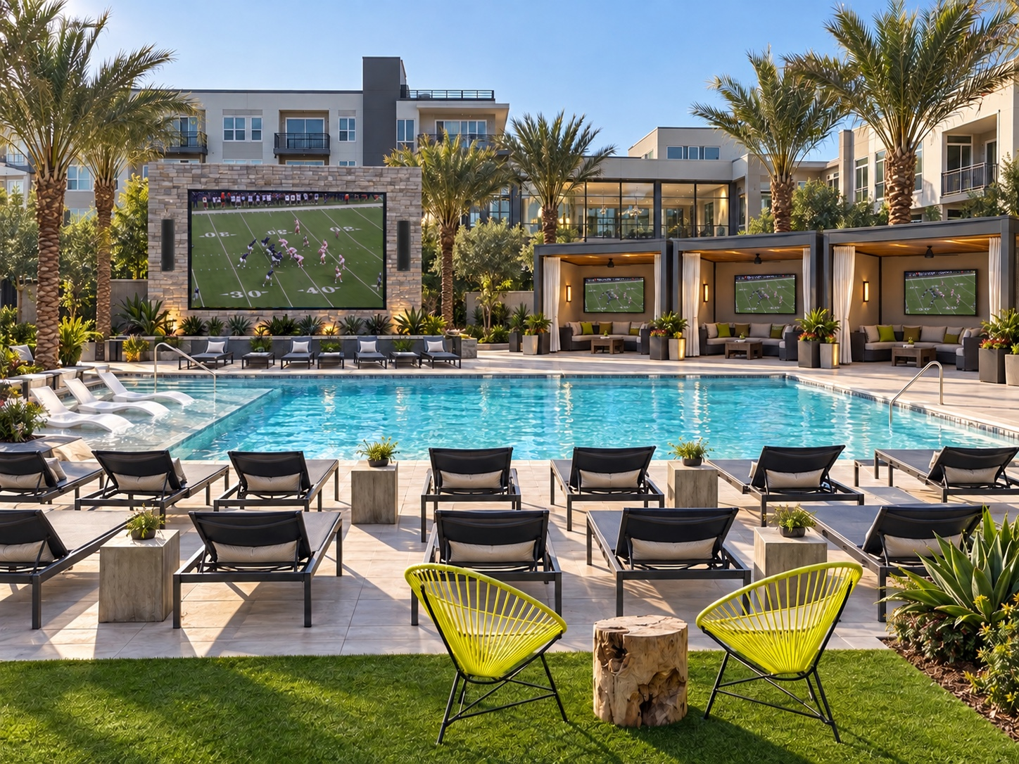 Multifamily pool courtyard with a large outdoor display and three cabanas, each with its own television