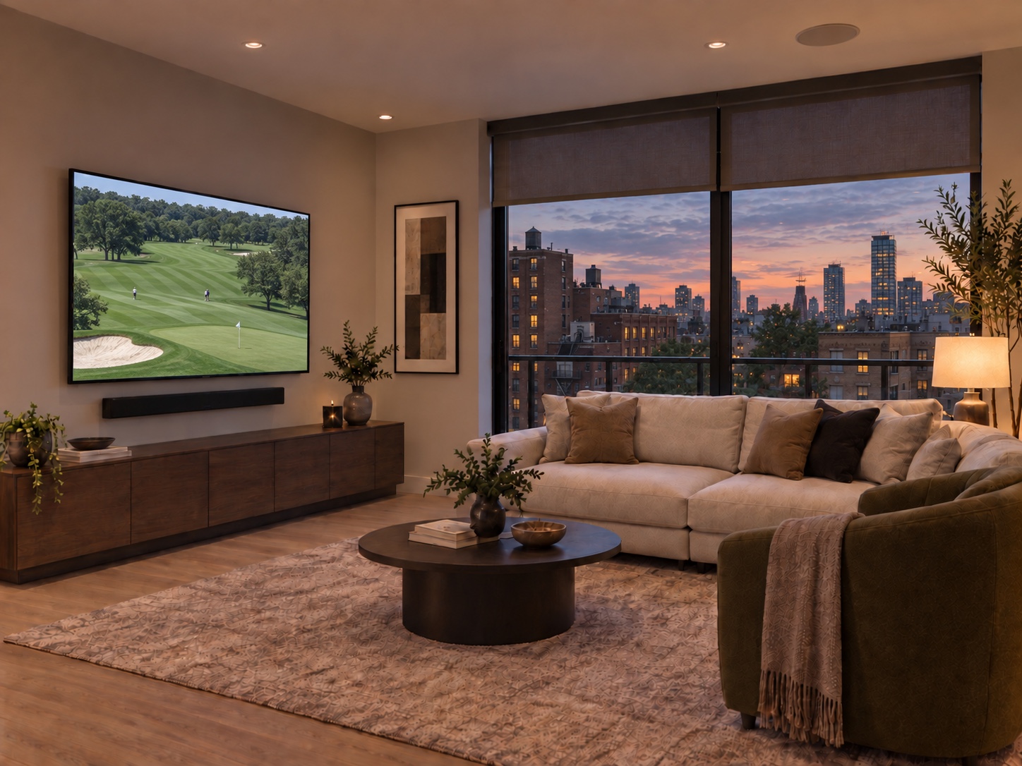 Apartment entertainment area with a wall-mounted television, soundbar, ceiling speakers and coordinated living-room furnishings