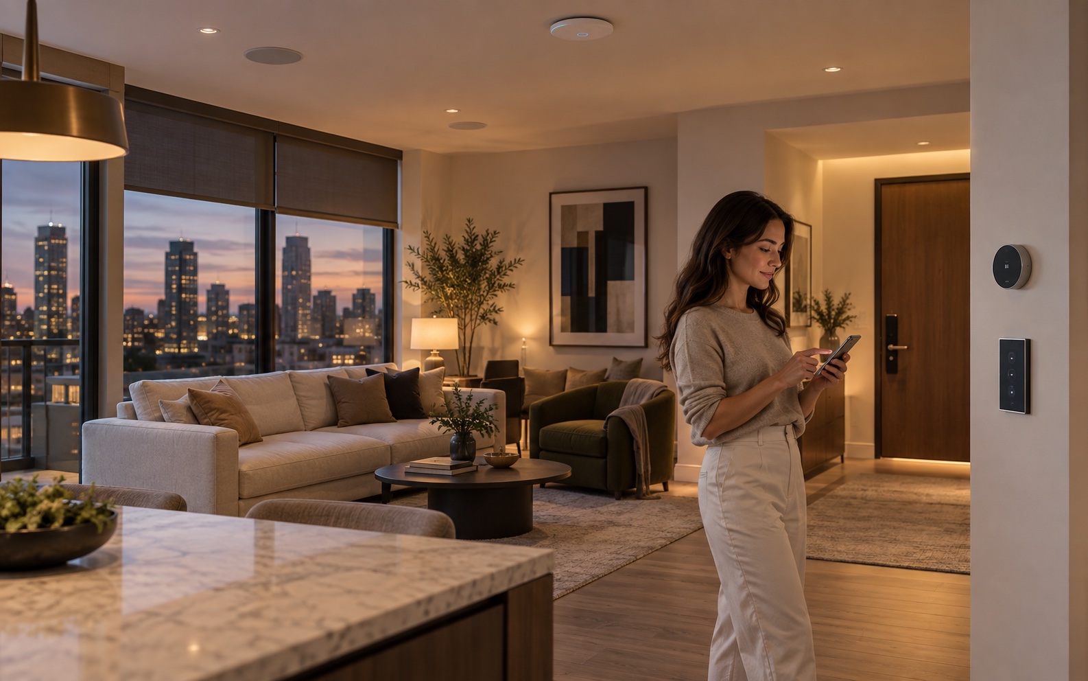 Resident using a smartphone in a refined apartment with integrated thermostat, controls, shades, speakers and Wi-Fi