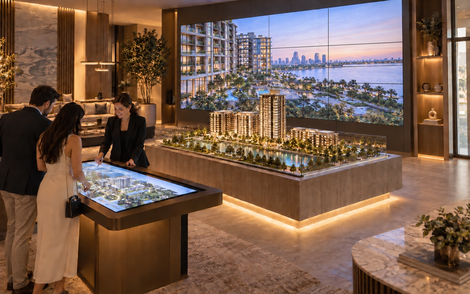 Luxury real-estate sales gallery with an interactive touch table, illuminated architectural model and large video wall