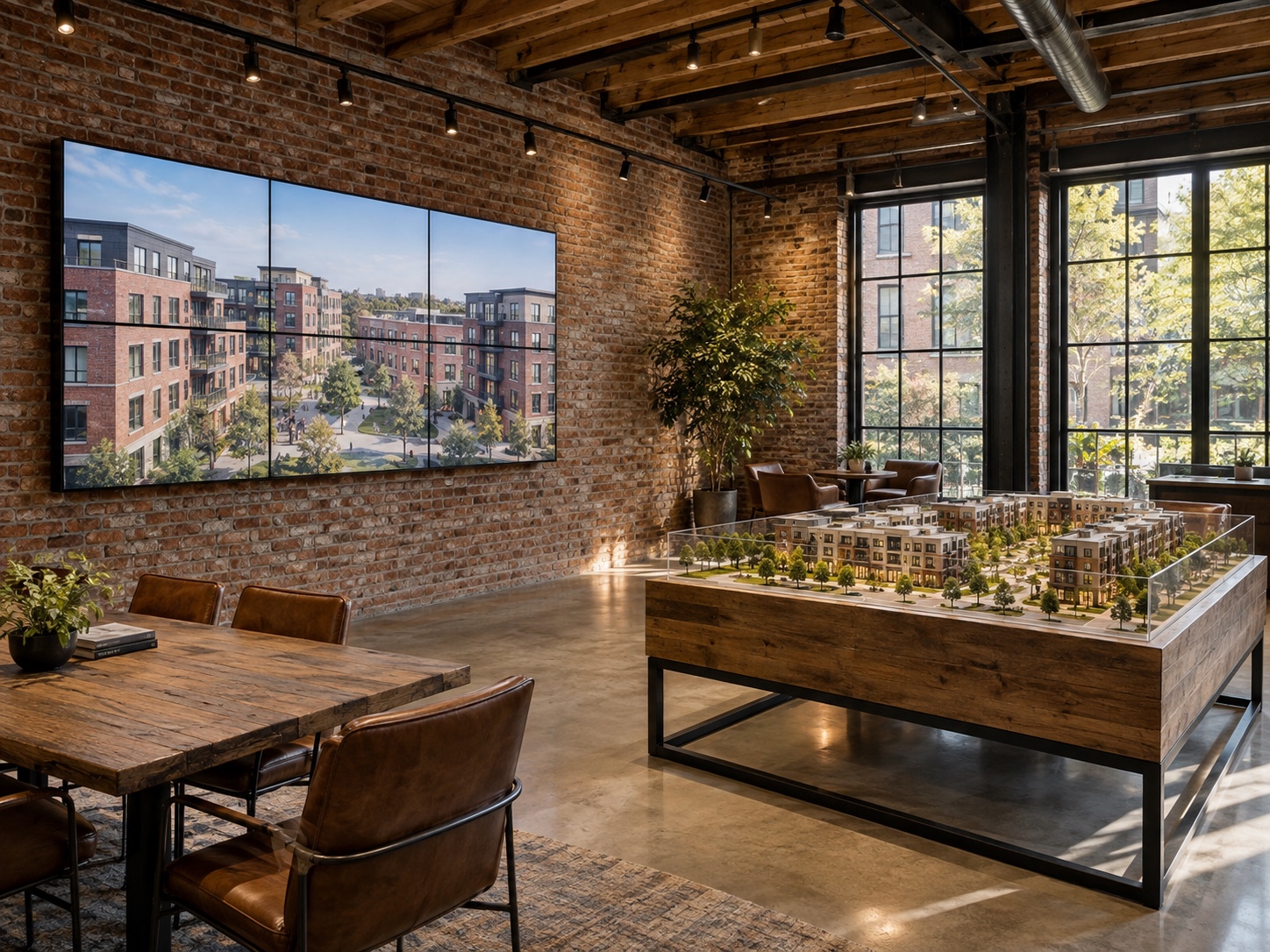 Industrial-loft sales center with exposed brick, timber beams, a neighborhood architectural model and a six-panel video wall