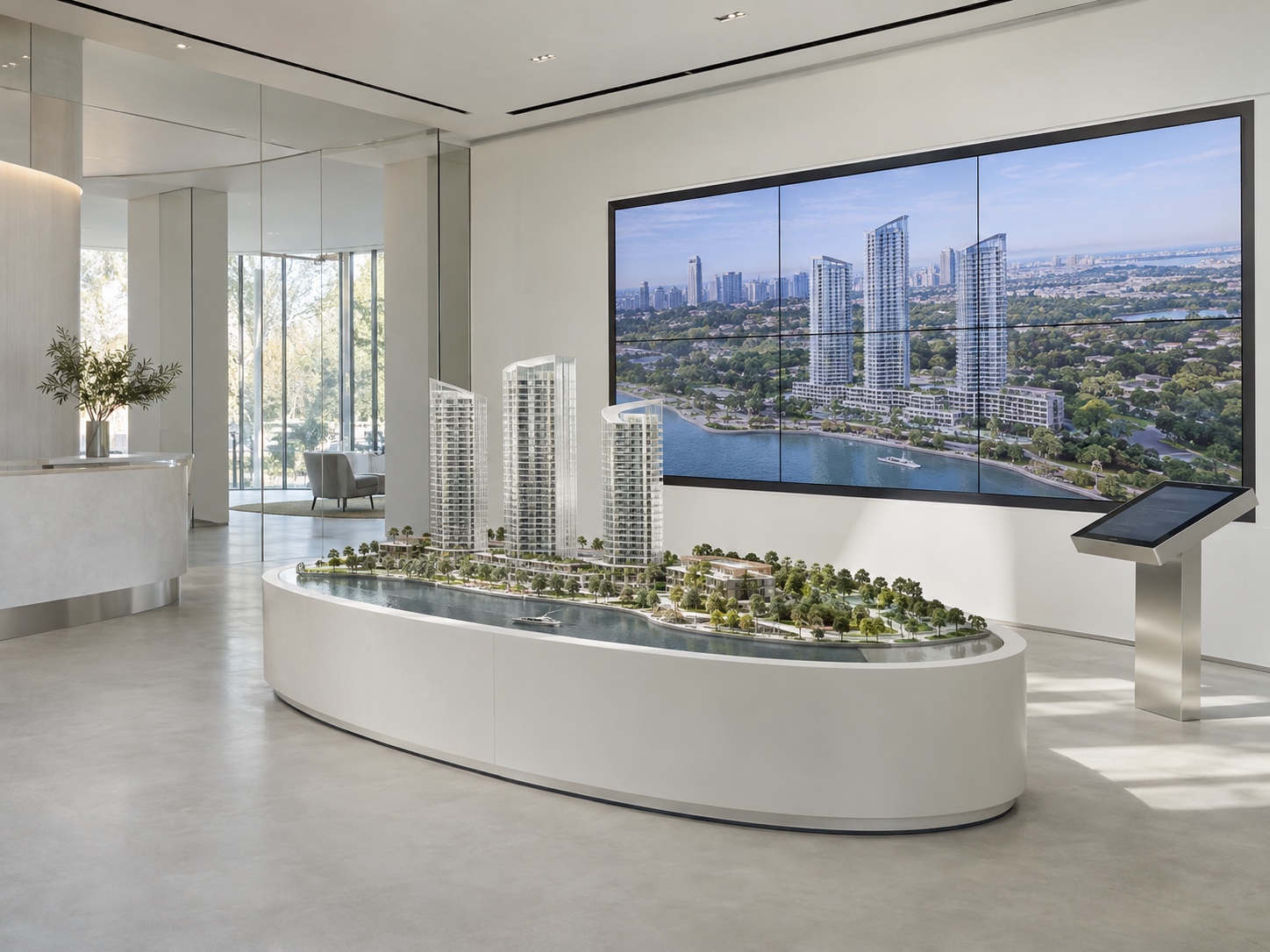Minimalist modern sales center with a white architectural-model display and a six-panel video wall