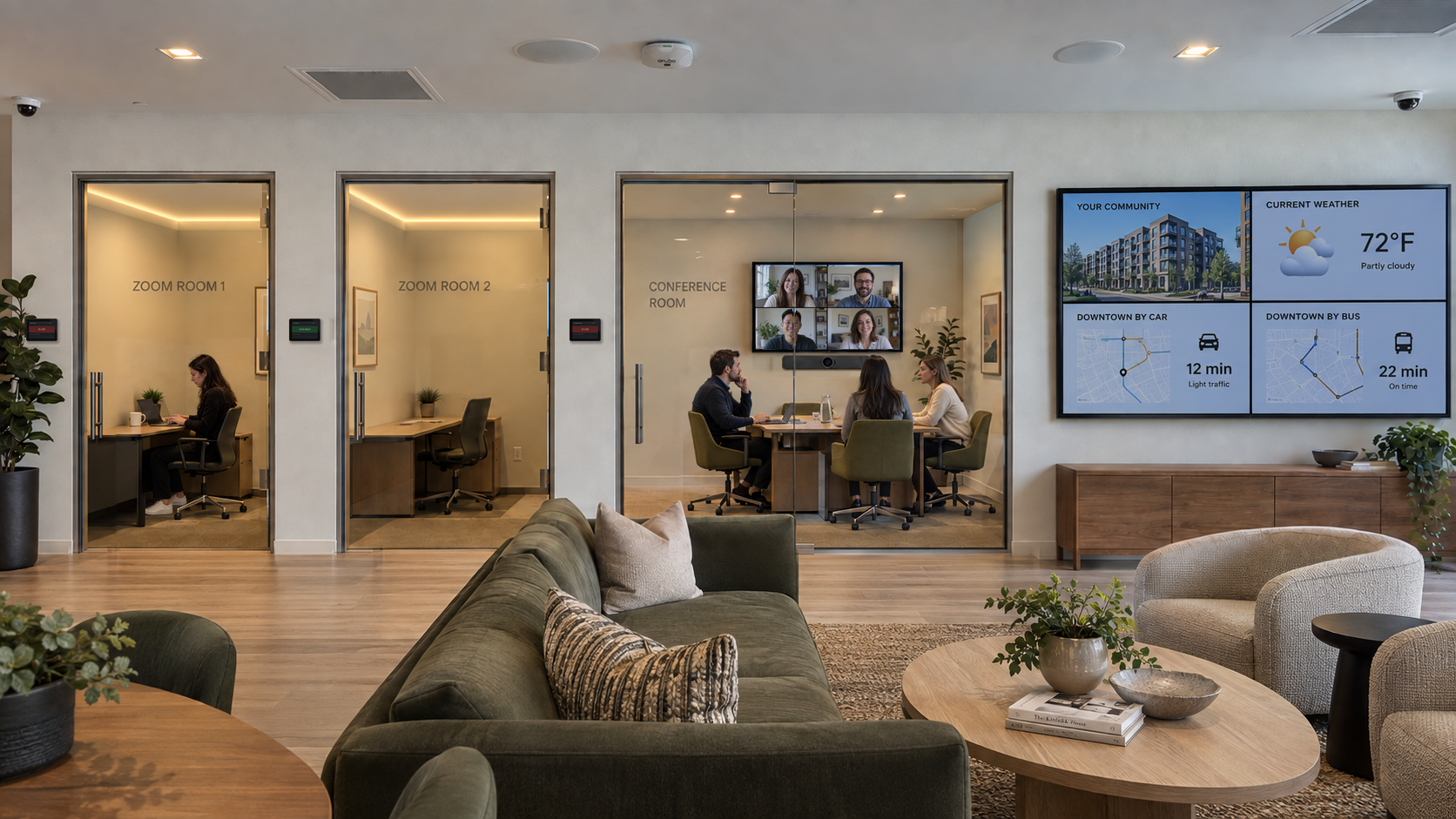 Residential amenity lounge with two video-call rooms, wall-mounted room schedulers, an active conference room, ceiling speakers, cameras and a four-panel video wall showing the building, weather and downtown travel times