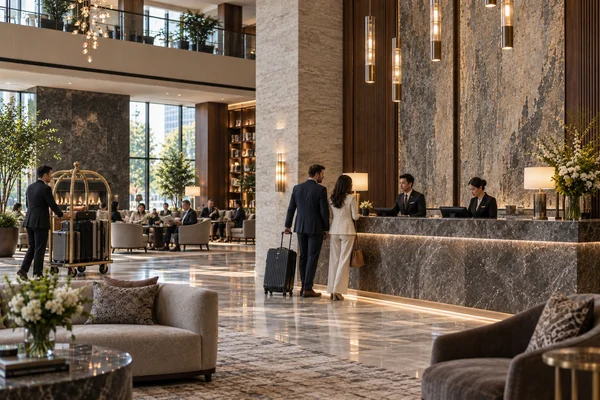 Luxury hotel lobby with reception desk, arriving guests and luggage service