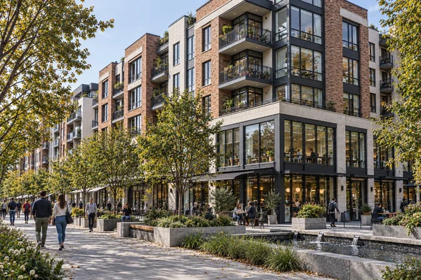Mixed-use development with residences above street-level retail and a landscaped pedestrian plaza