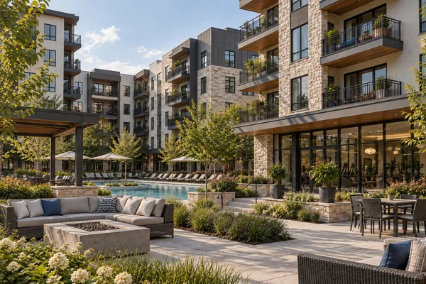 Luxury multifamily rental community with landscaped courtyard and private balconies
