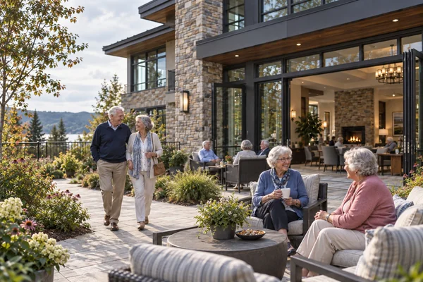 Older residents enjoying a landscaped terrace outside a welcoming senior living community