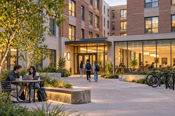 Students with backpacks arriving at a contemporary student residence with a shared study lounge and landscaped courtyard