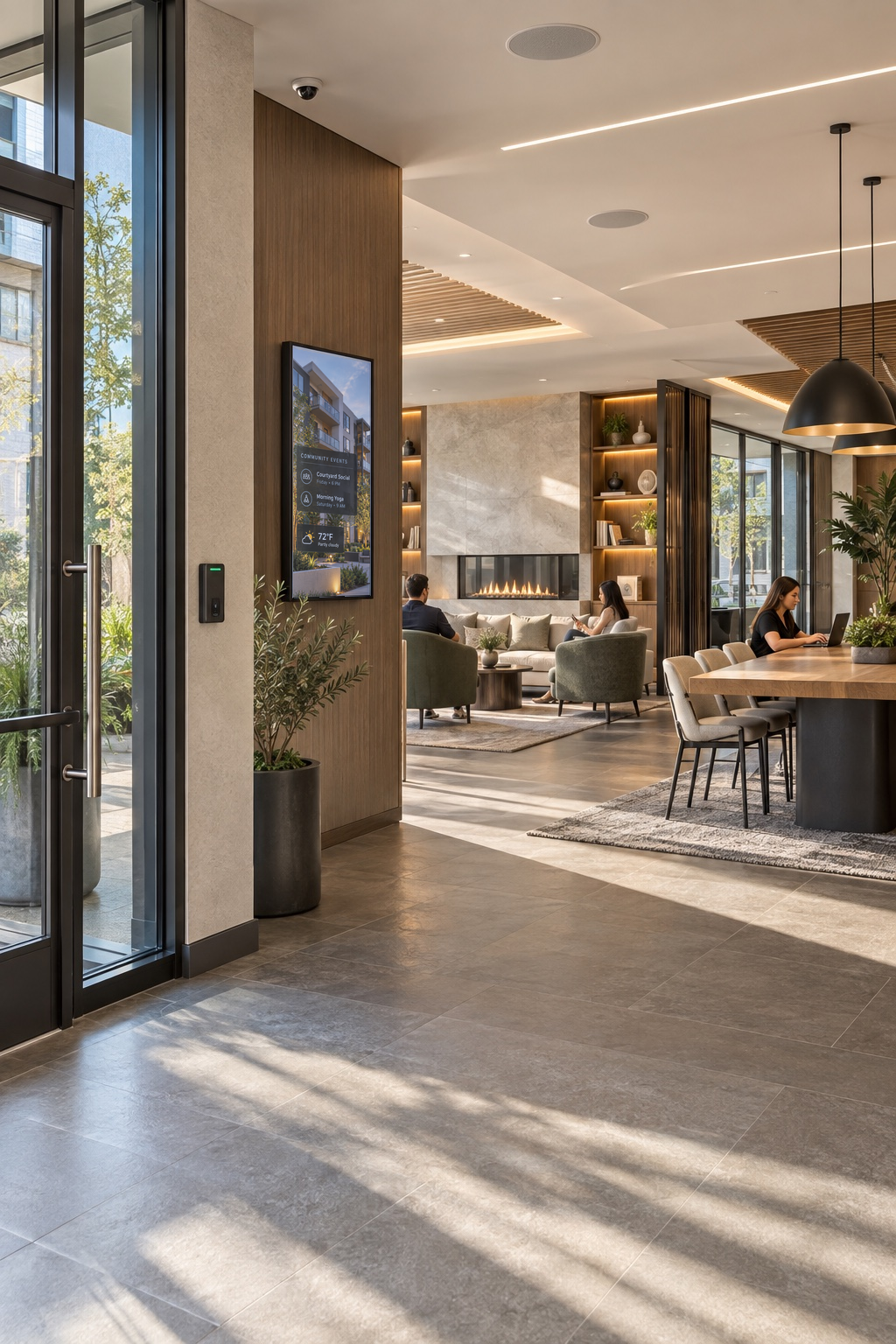 Connected resident amenity lounge with integrated access control, digital display, ceiling speakers and coworking space