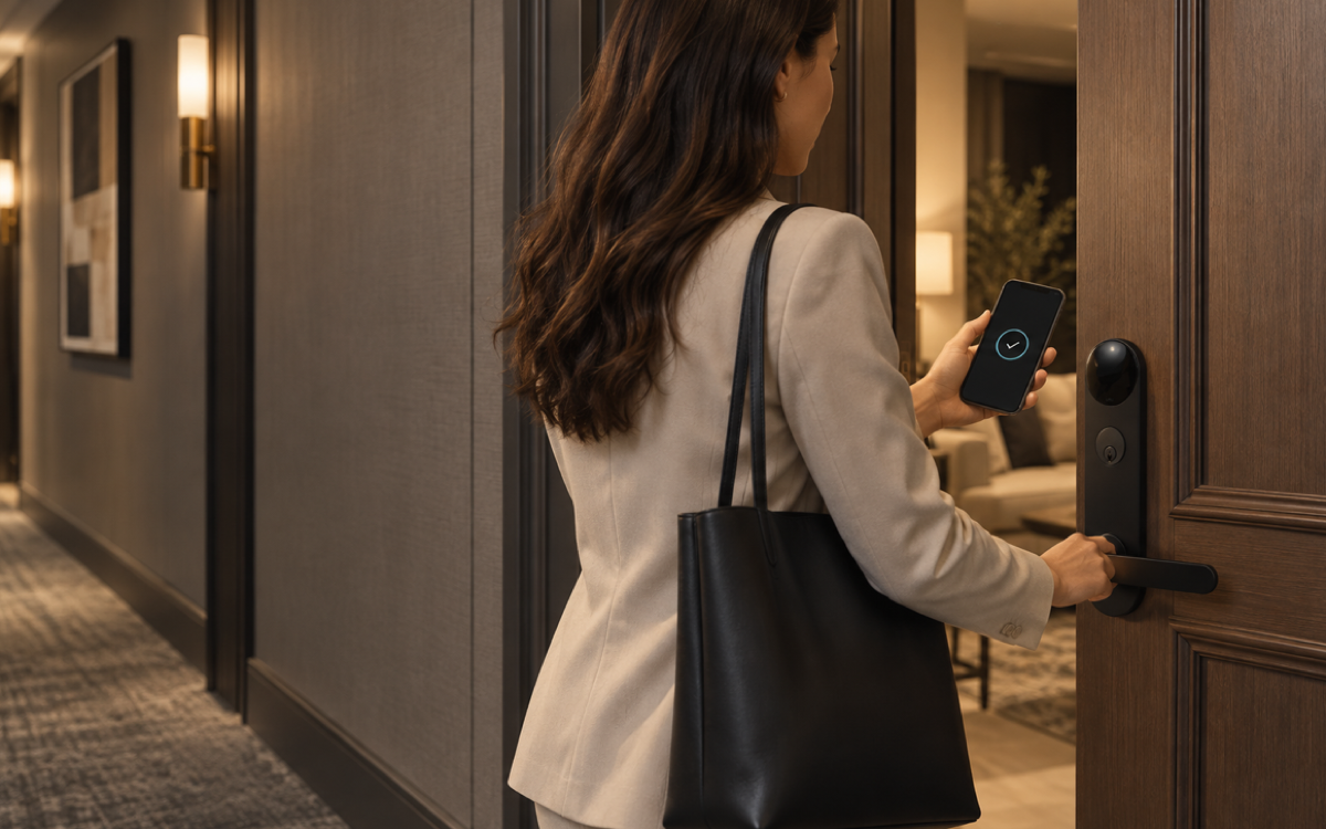 Resident using a phone key to enter through a Latch M-series smart lock