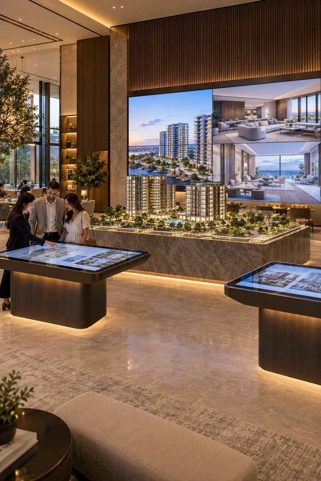 Luxury real-estate sales gallery with interactive touch tables, an architectural model and a large video wall